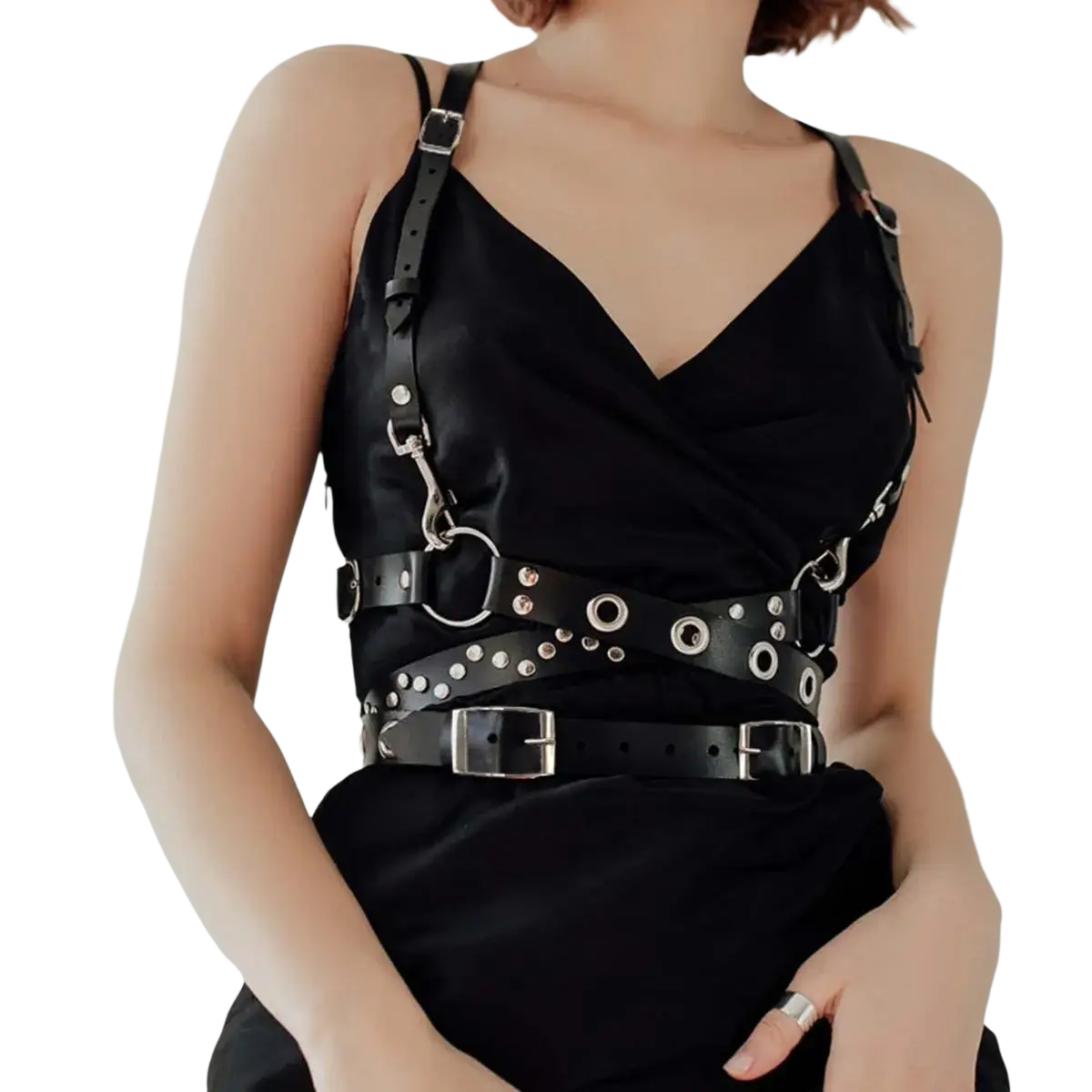 Black punk gothic leather chest harness strap with silver-toned metal hardware and circular studs front view