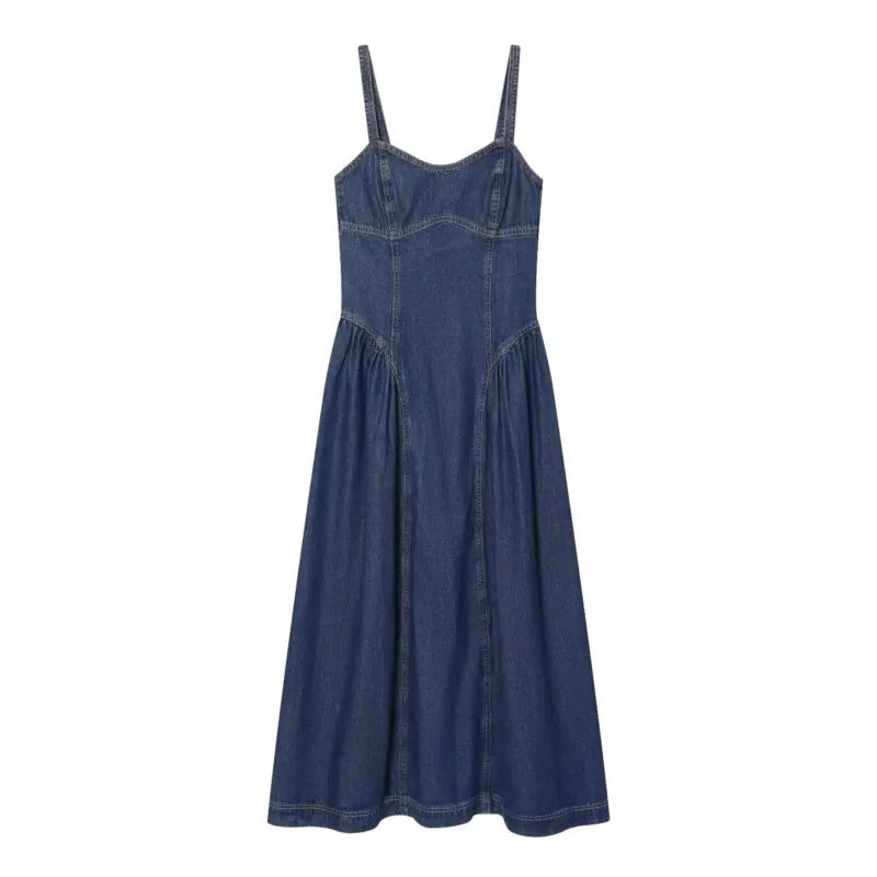 Women Denim Slip Dress with Flared Hem Fashion Casual Backless Sleeveless A-line Dress Female Vacation Style Dresses