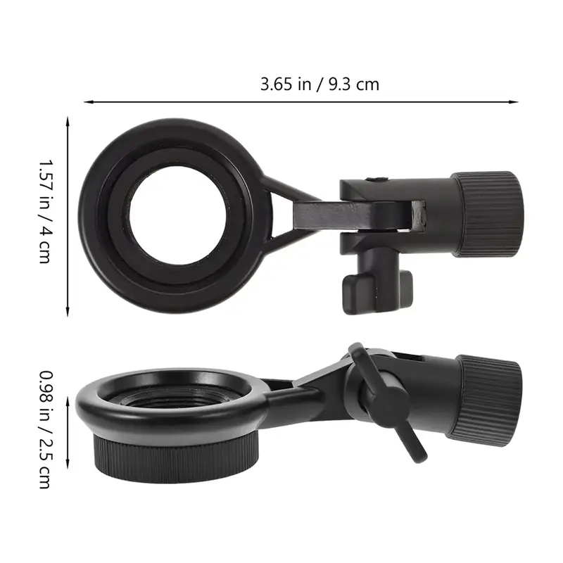 Black plastic adjustable metal microphone stand clip with threaded mounting base and adjustable arm for secure microphone positioning