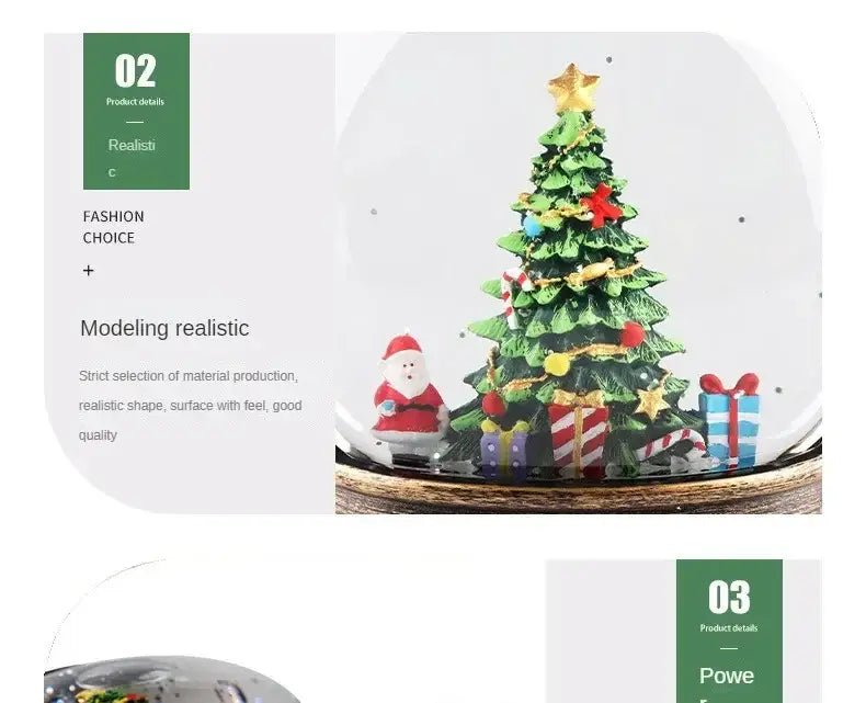 Christmas lantern snow globe music box featuring a Christmas tree with green foliage, colorful ornaments, gold stars, a Santa Claus figure, and red-and-white striped gift boxes inside.