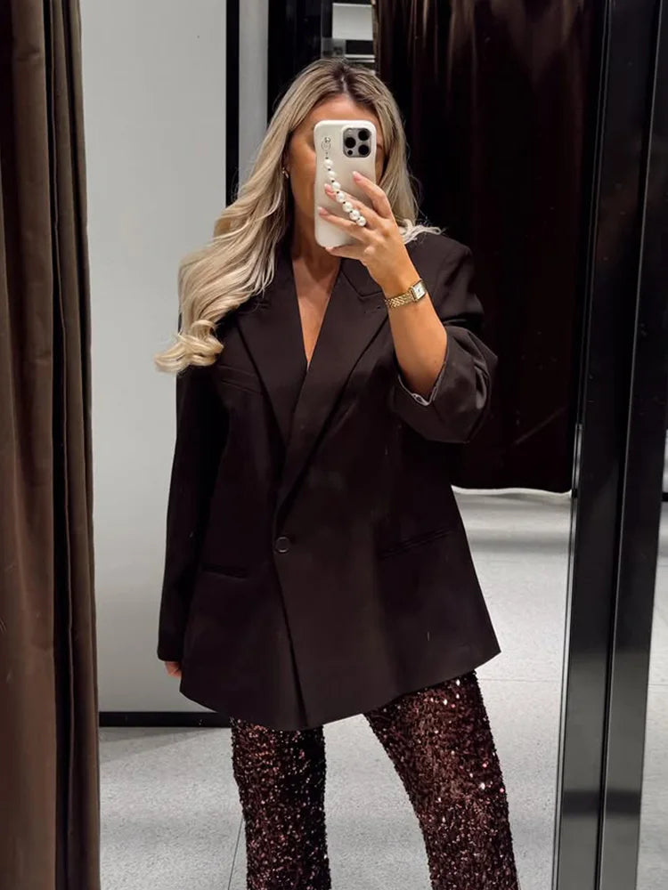 HH Women Fashion Solid Blazer Female High Street Pockets Turn-down Collar Single Button Commuter Casual Long Sleeve Autumn Coat