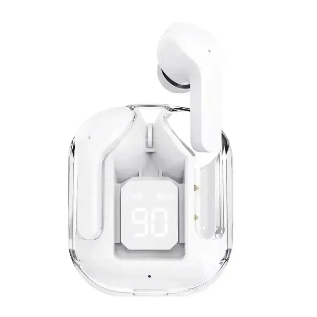 white wireless earbuds with bluetooth chip nestled in a transparent charging case featuring a digital display showing the battery level