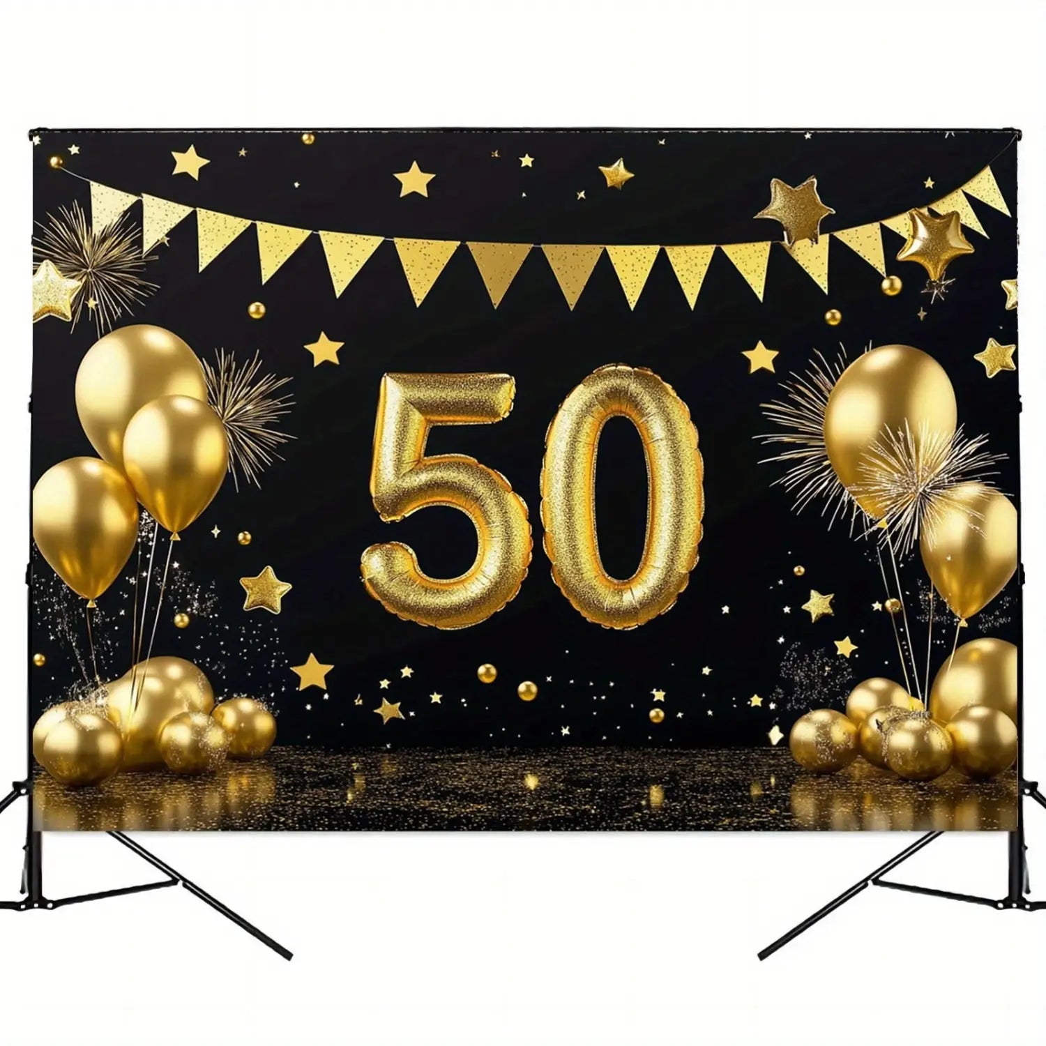 Goldfolien-Nummer-50-Ballonmitte mit goldenen Sternen und Ballons auf einem schwarzen Hintergrund für ein 50-jähriges Jubiläums-Partybanner und Fotohintergrund.
