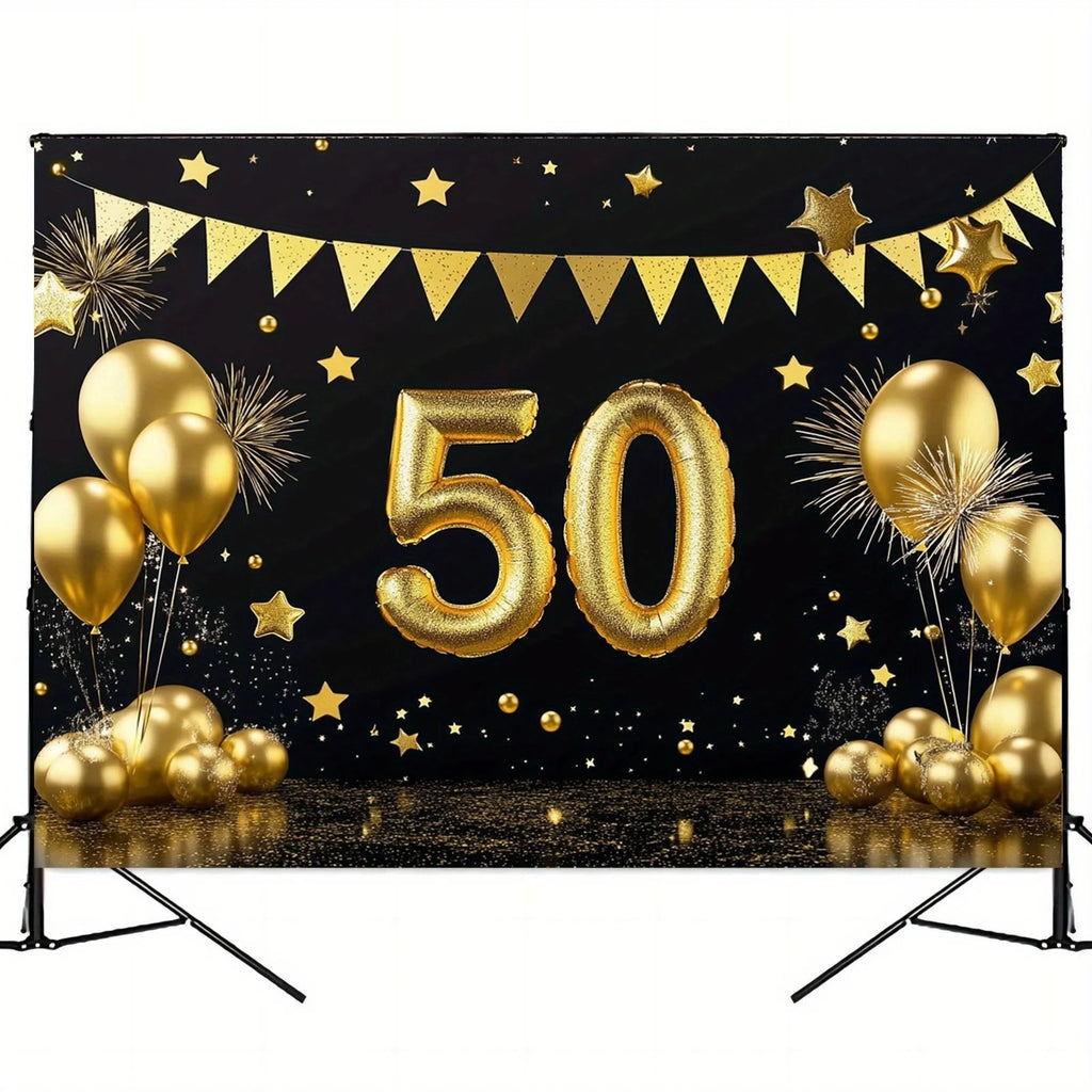 1 50th anniversary celebration banner, - Golden anniversary and birthday party background, photo booth and dessert table