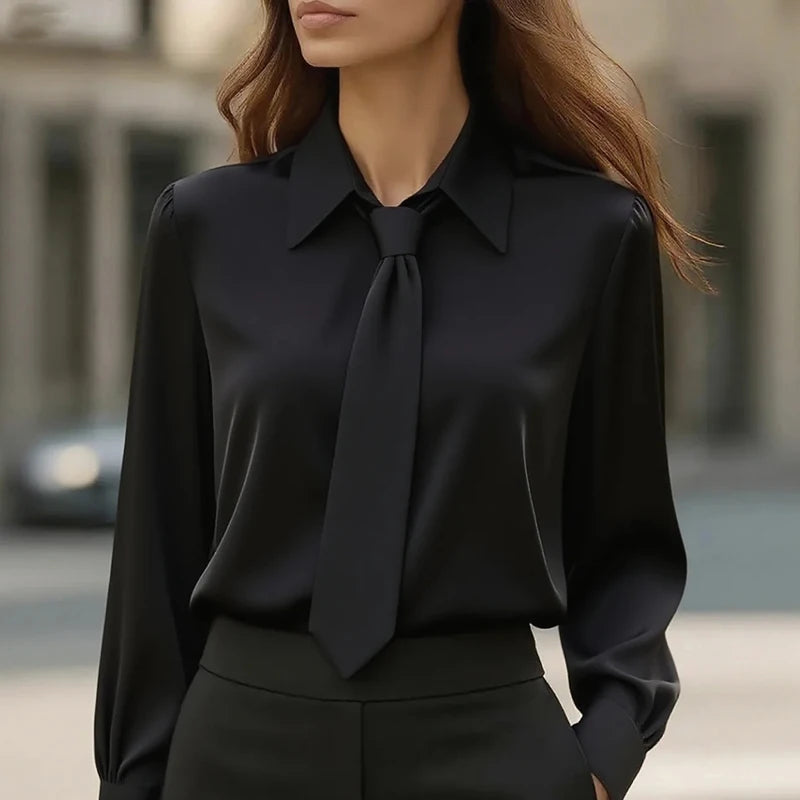Women's Shirt Formal Bow Tie Long-sleeved Office Lady Shirt Women Fashionable Solid Color Autumn Shirt Blouses White Tops