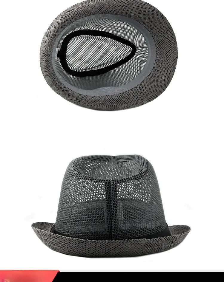 Gray mesh linen fedora hat with black band and structured crown designed as a sun hat for beach and summer use.