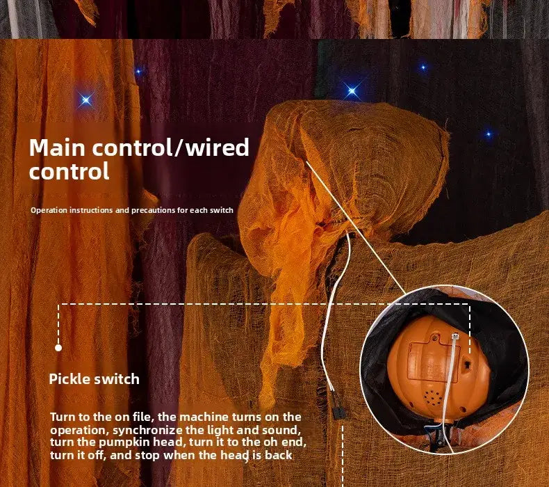 calabaza naranja de espantapájaros colgante, decoración de Halloween, que presenta una unidad de control principal con cable y un interruptor tipo encurtido para el funcionamiento sincronizado de la luz y el sonido de los ojos LED