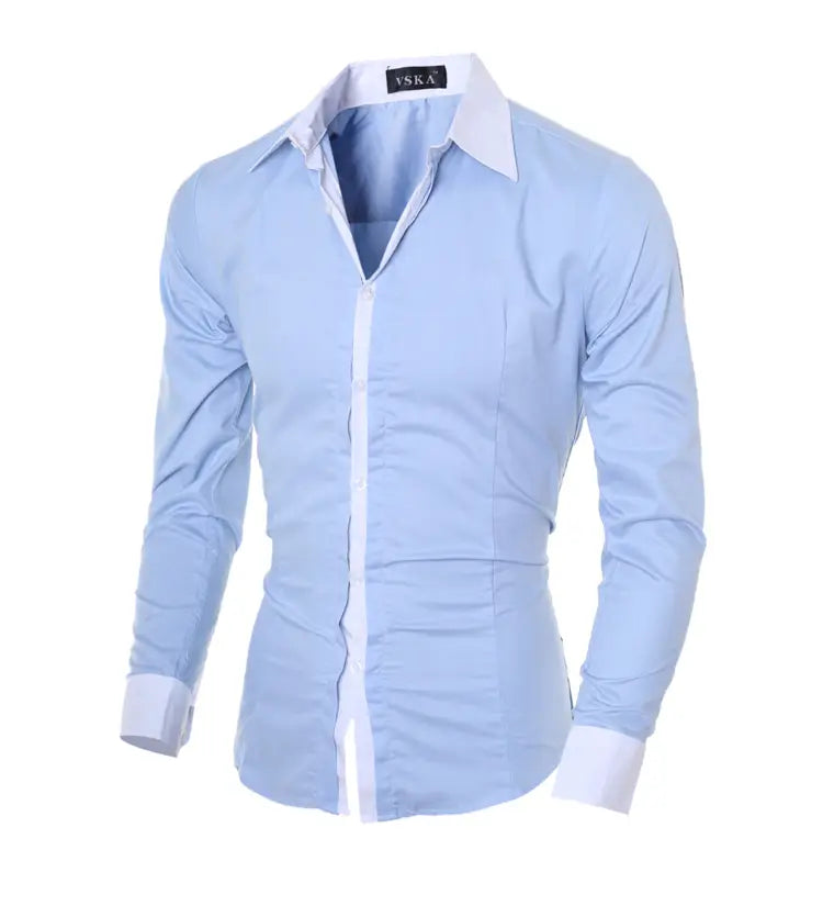 Men striped slim fit long sleeve casual shirt in light blue with a contrasting white collar and cuffs.