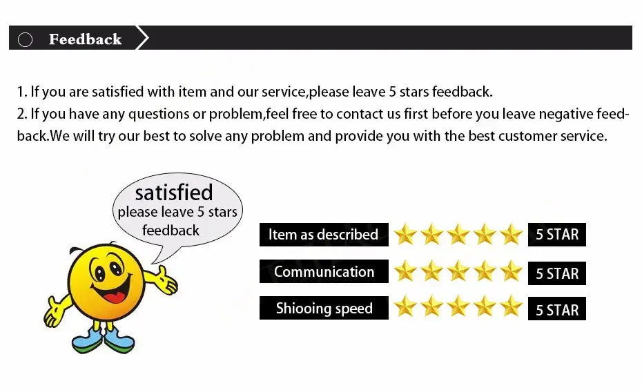 Yellow cartoon smiley face character with blue shoes and a speech bubble saying satisfied please leave 5 stars feedback alongside Beatles leather braided bracelet with glass dome jewelry.
