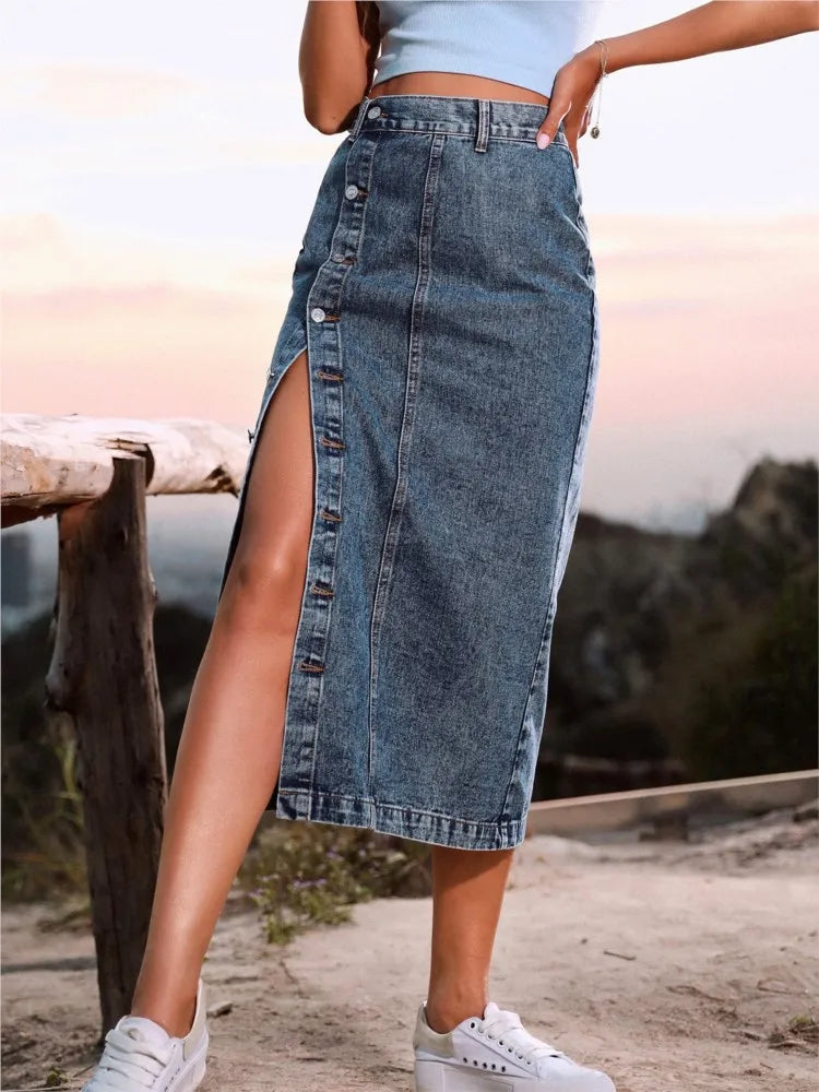 Casual High Quality Maxi Denim Skirts For Women Summer 2024 Fashion Black Jeans Dress Long Y2k Skirt Denim