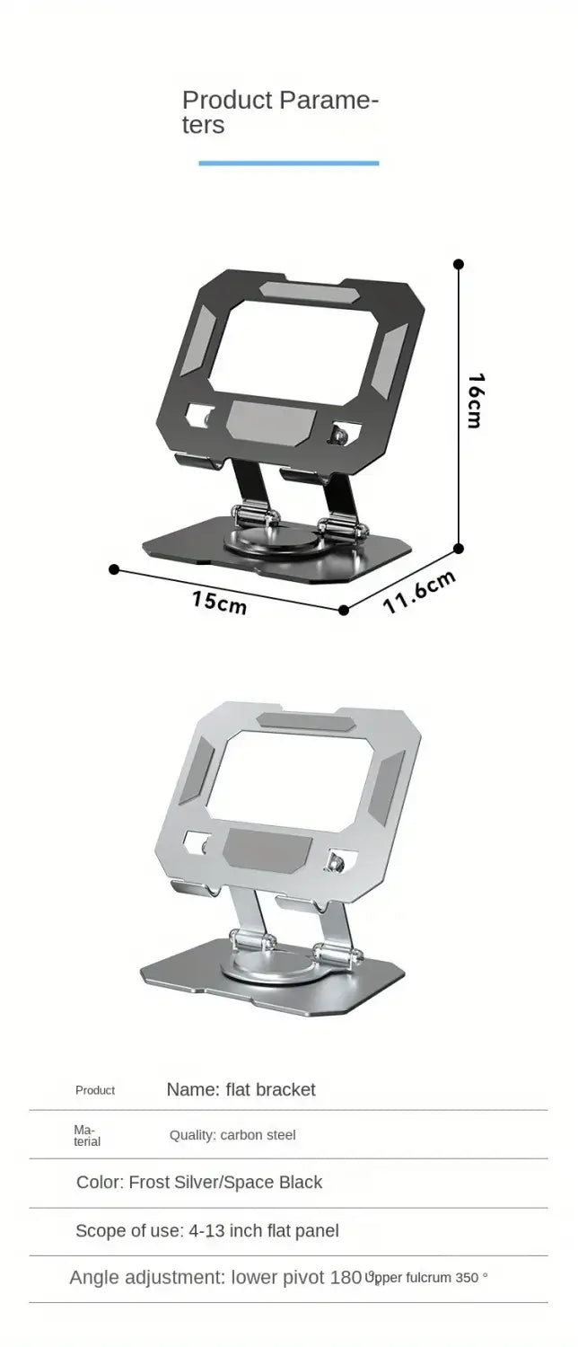 Support plat en acier au carbone finition argent givré et noir spatial, avec angle réglable pour ordinateurs portables de 13 pouces, dans un support de tablette réglable avec rotation à 360°.