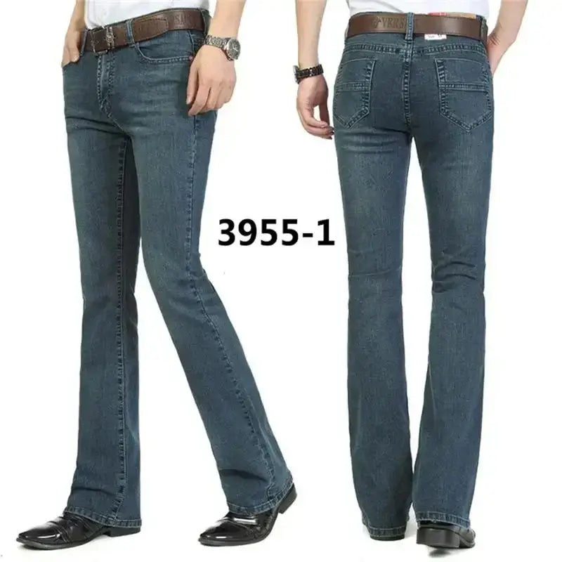 Men black flare denim jeans slim fit trousers made of dark blue denim with a flared leg cut and brown belt loops.