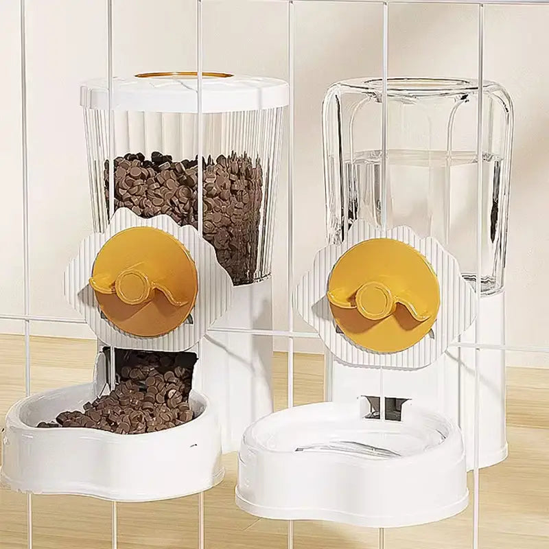 Hoopet wall mounted automatic pet feeder and water dispenser featuring a clear plastic food dispenser with a white base and yellow circular dispensing mechanism.
