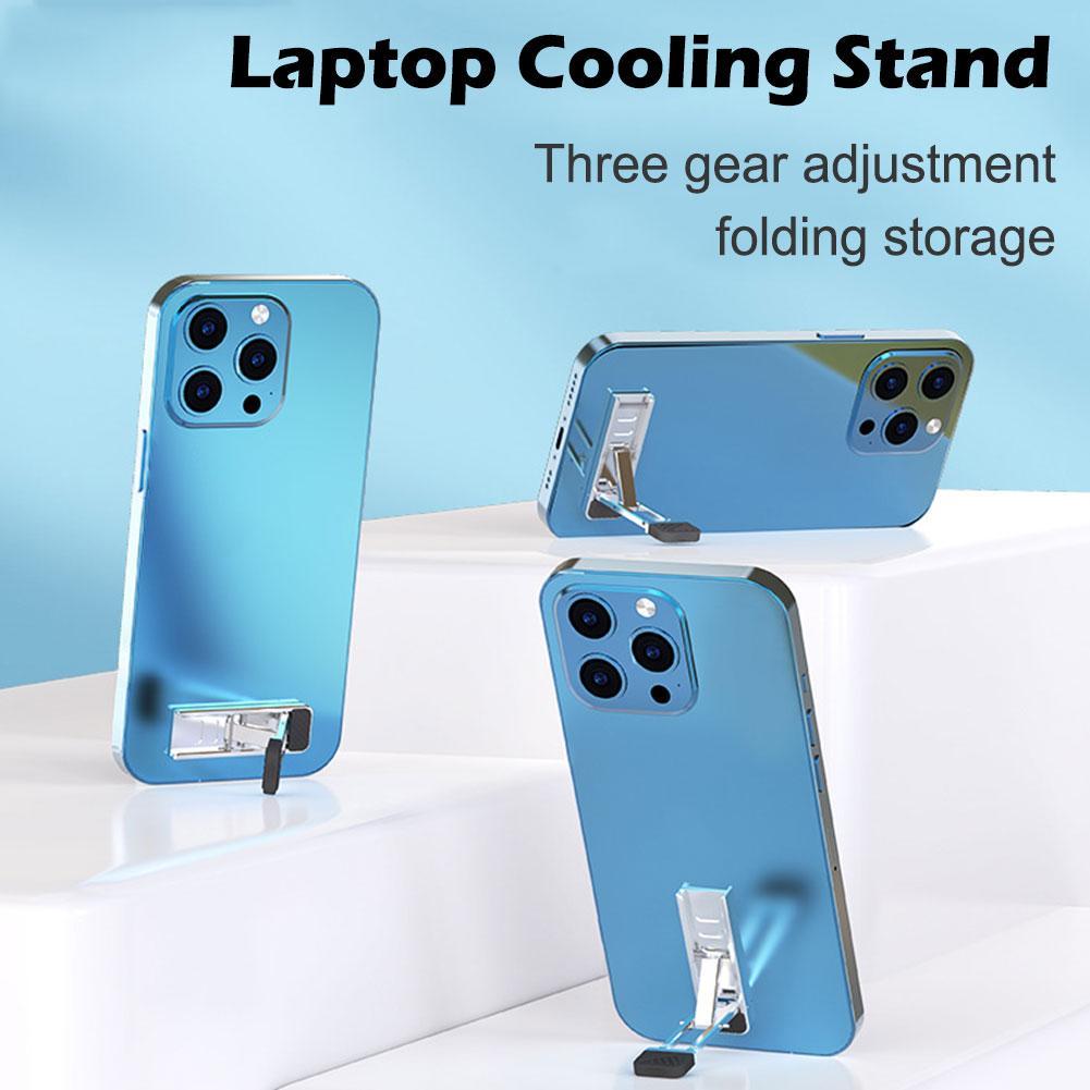 Support de refroidissement pour ordinateur portable pliant en aluminium bleu, avec réglage sur trois niveaux et conception de rangement pliable, illustré depuis le côté arrière.