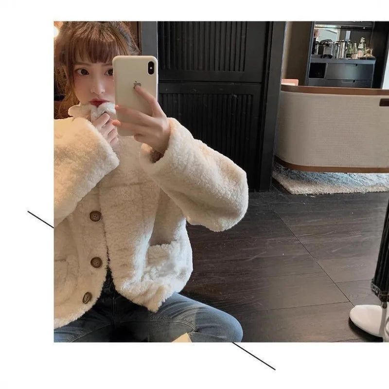 Lamb Wool Sweatshirt Jacket for Women Autumn Winter New Loose Short Korean Style Versatile Cardigan Top Fashion