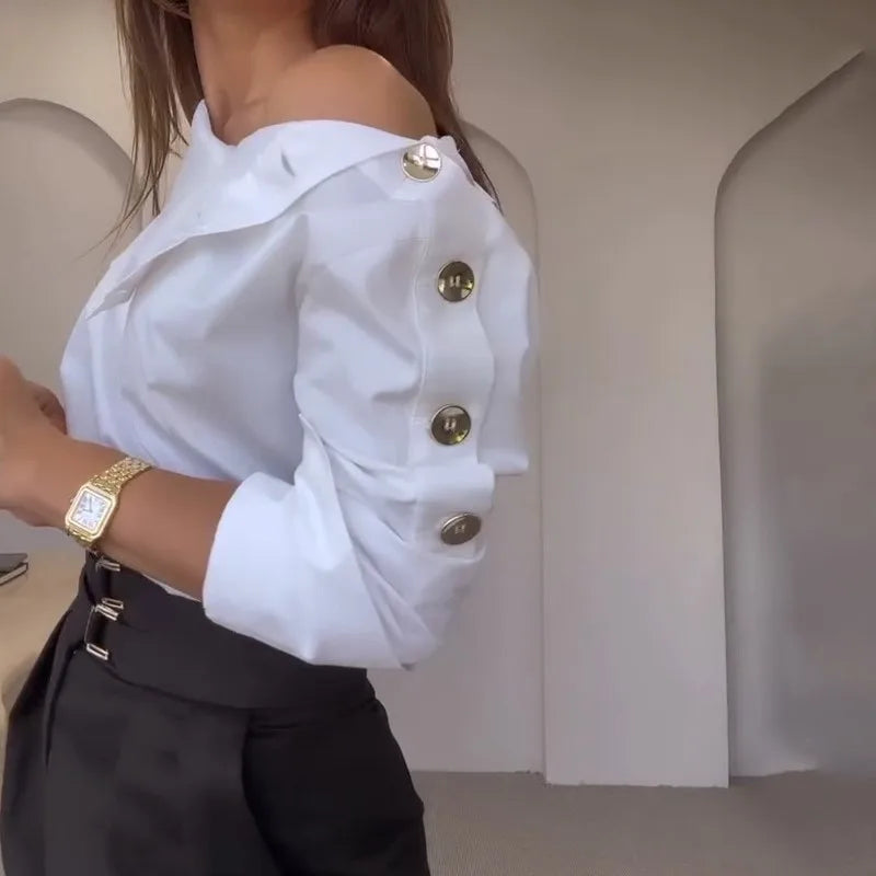 Women Trendy Stand Collar Side Button Elegant Shirt Spring Summer Leisure Versatile Sexy Off Shoulder Long Sleeve White Blouses