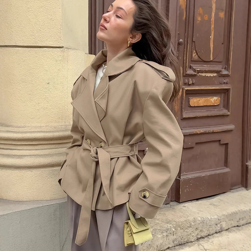 2026 Women Fall Lace-up Cropped Trench Coat Fashion Lapel Long Sleeves Wide Shoulder Windbreaker Jacket Commuting Daily Jackets