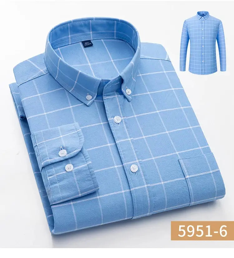 Men’s cotton Oxford slim fit plaid shirt in light blue with a white grid pattern and matching buttons.
