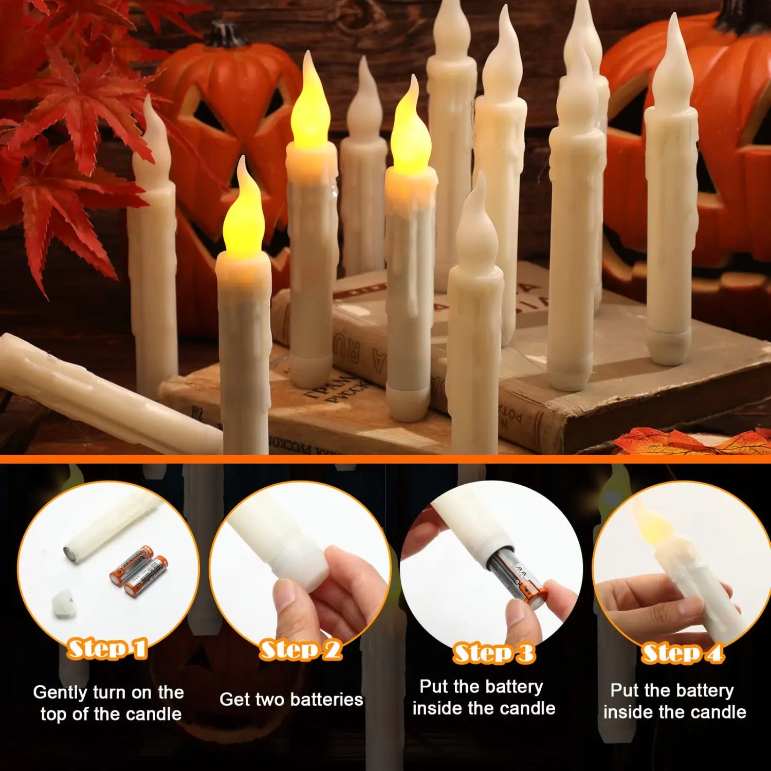 white floating candles with realistic wax texture and glowing yellow led flame effect controlled by magic wand remote.