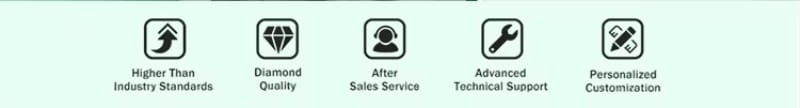 the image shows five black icons representing higher than industry standards diamond quality after sales service advanced technical support and personalized customization for a custom teardrop travel trailer fully equipped camper.