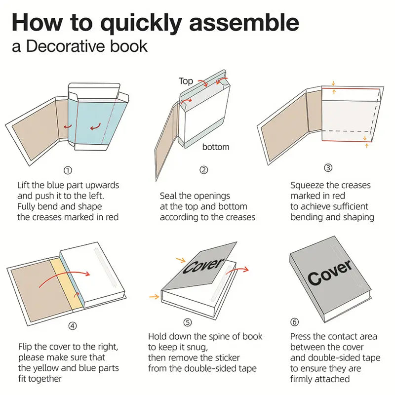 Step-by-step assembly instructions with illustrated diagrams and text for decorative fake books for coffee table home decor.
