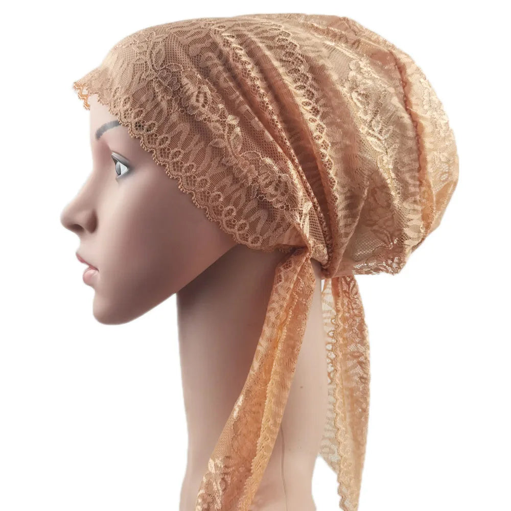 Women Muslim Turban Inner Cap Arab Lace Islamic Headwear Chemo Hat Wraps Cover Beanie Flower Hair Loss Cap Soft Long Tail Bonnet