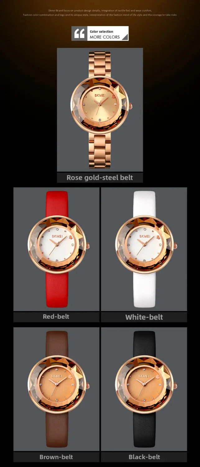 Rose gold-tone stainless steel floral quartz watch with a round face and diamond-shaped bezel featuring interchangeable leather straps in red white brown and black displayed in a gift box.
