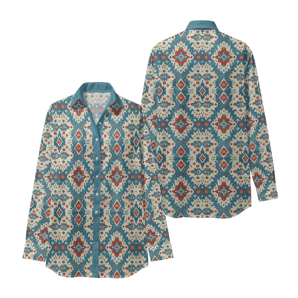Ethnic-Inspired Long-Sleeve Women Shirt with Aztec Geometric Pattern Printed Front 2 Pockets Button-Up Retro Tribal Casual Style