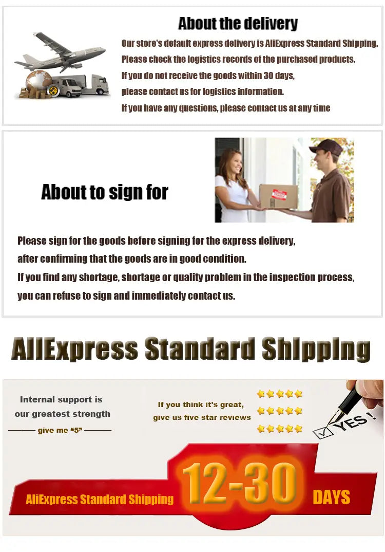Etiqueta estándar de envío de AliExpress con texto rojo y dorado en negrita que muestra una ventana de entrega de 12 a 30 días para un helicóptero teledirigido con batería de litio de 80 cm, destacando el tiempo de vuelo y el tiempo de carga.