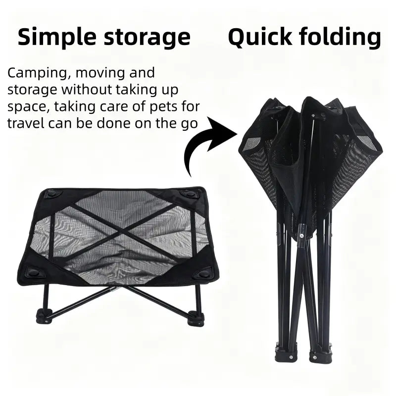 Elevated folding dog cot featuring a black mesh pet bed with a foldable metal frame for durable and portable pet comfort.