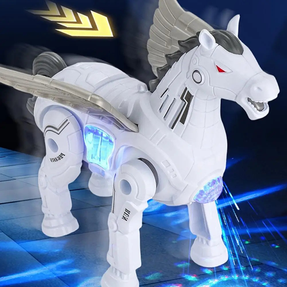Interactive robotic walking pegasus toy featuring a white plastic body with glowing blue lights on the chest and legs, metallic gray wings, and black accents.