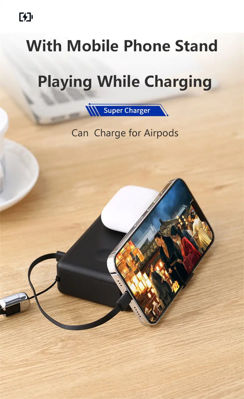 black rectangular mobile phone stand power bank with built-in super charger and wireless charging pad for airpods featuring magnetic wireless 20000mah fast charging capability