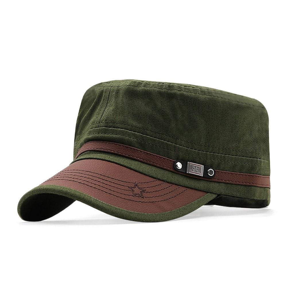 Military cadet baseball cap in olive green and brown with a stitched star emblem on the brim made of adjustable cotton.