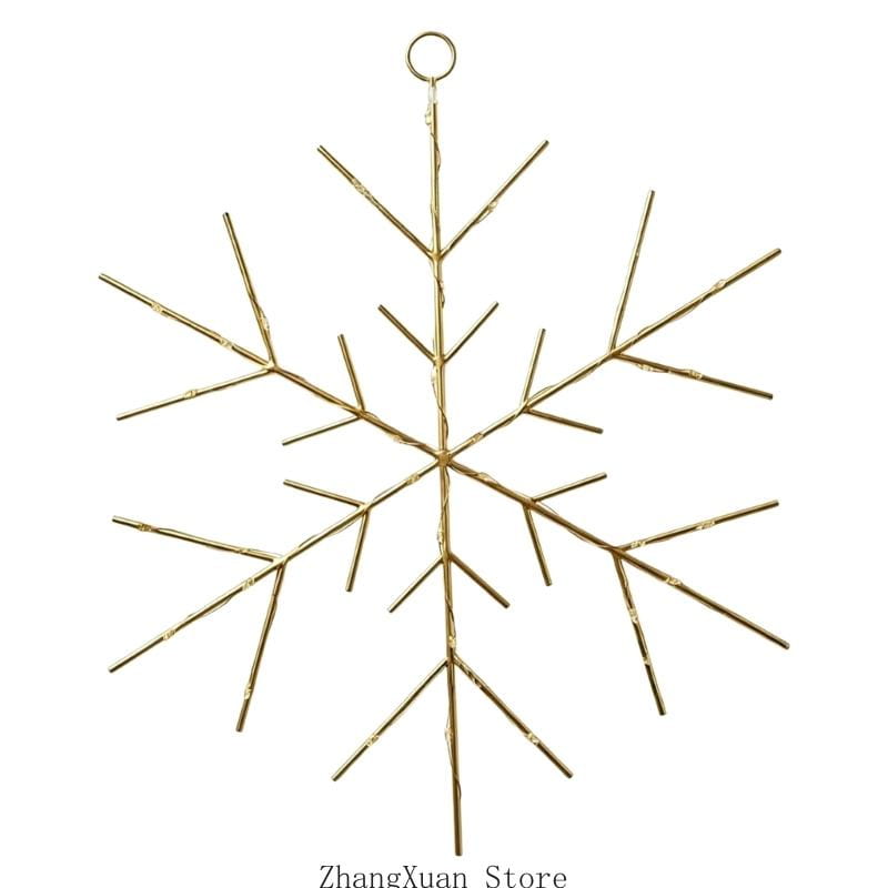 Gold-colored metal snowflake ornament with a hanging loop designed for Christmas tree and wreath decoration.