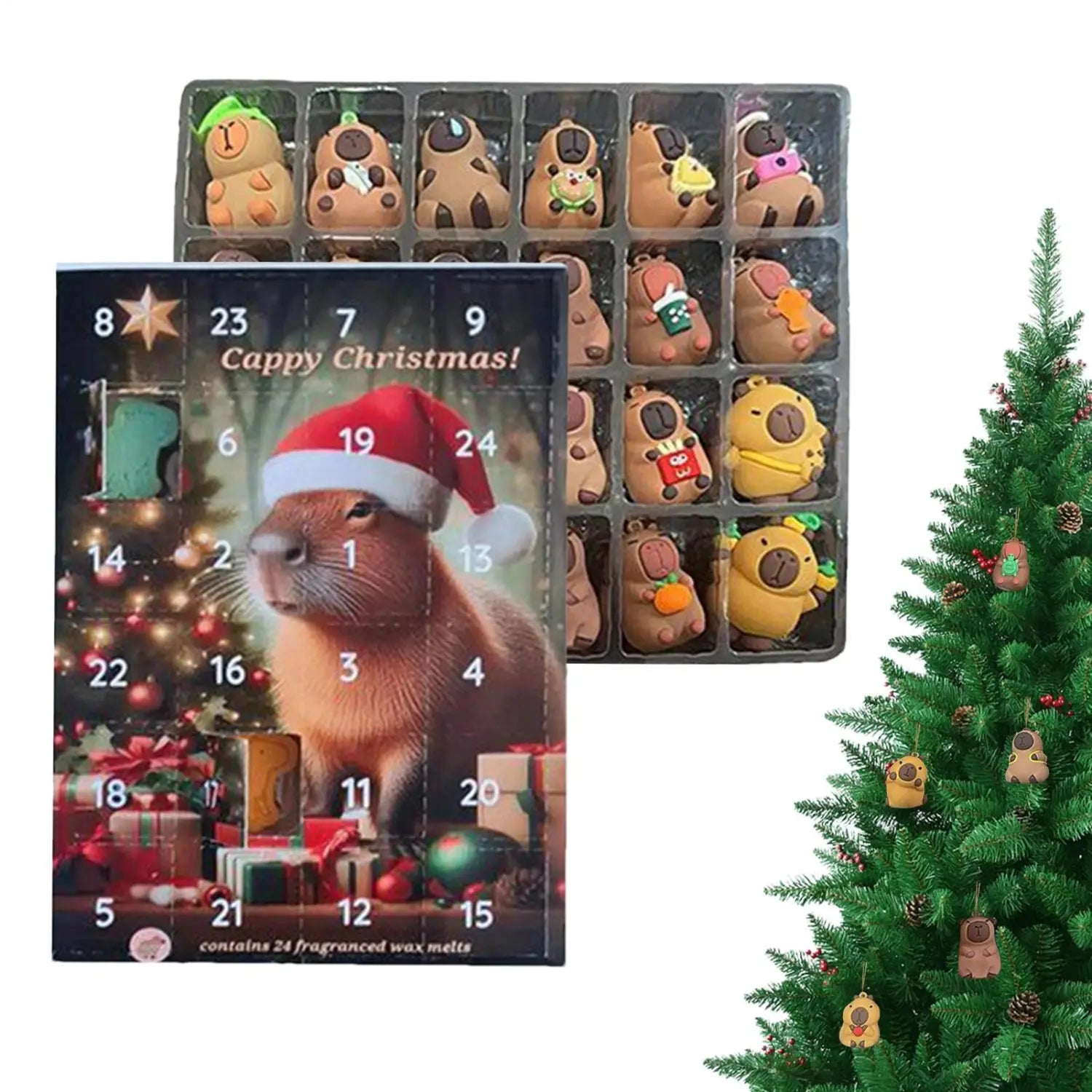 Un calendario de cuenta atrás festivo y encantador de capibaras, con una capibara con gorro de Santa y 24 compartimentos numerados que contienen pastillas de cera aromatizadas y decoraciones con temática de animales.