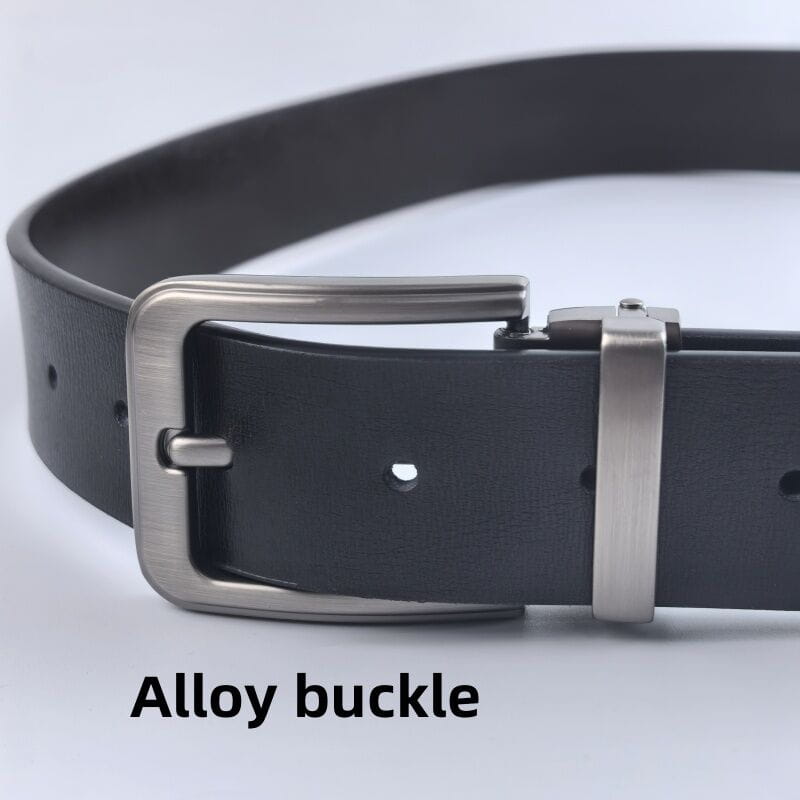 black leather belt with a sleek brushed silver alloy pin buckle designed for business casual wear