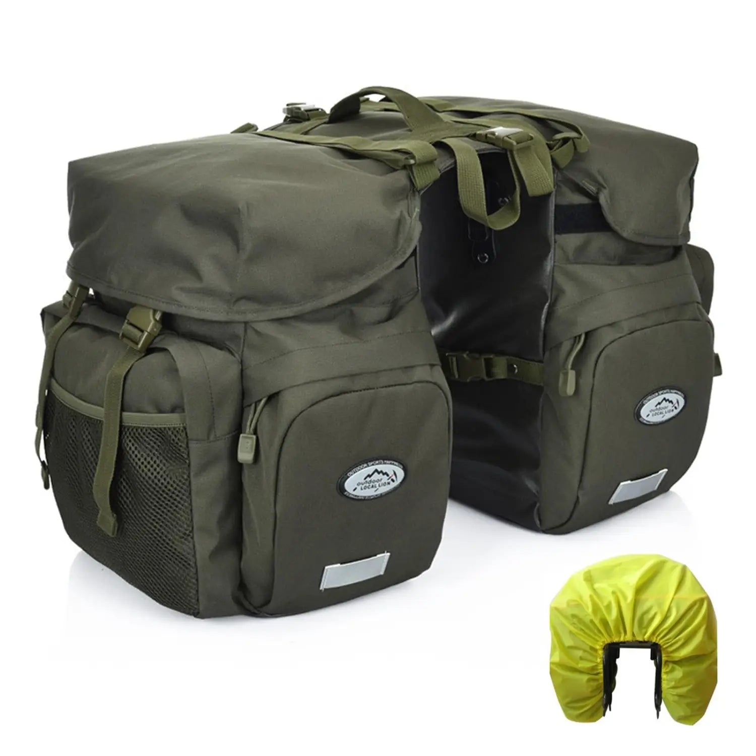 Olivegrüne Ztz 50l wasserfeste Doppelfahrradtaschen mit Mesh-Seitentaschen und reflektierenden Patches, dargestellt von der Rückseite.