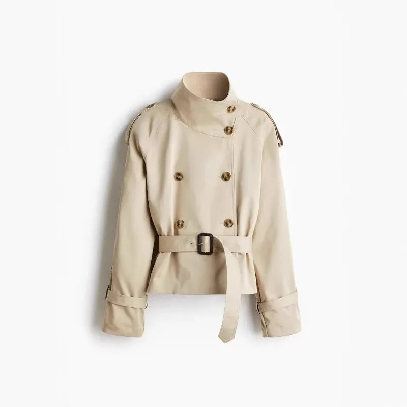 2025 Fashion Double-breasted Design Waist Cropped Trench Coat Jacket Women Elegant High Neck Long Sleeved Lady Commute Outwear