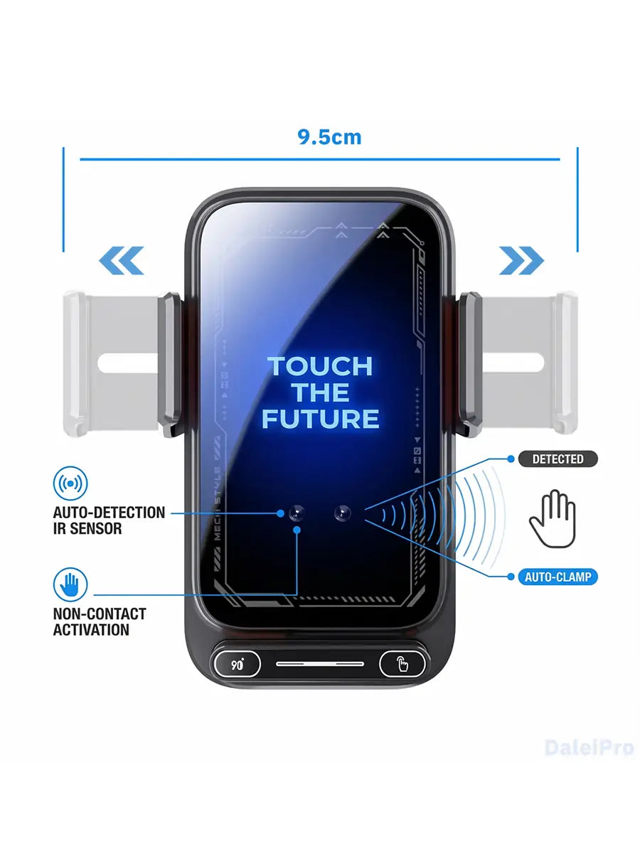 Black wireless car phone charger 15w mount with sleek futuristic design and silver accents.