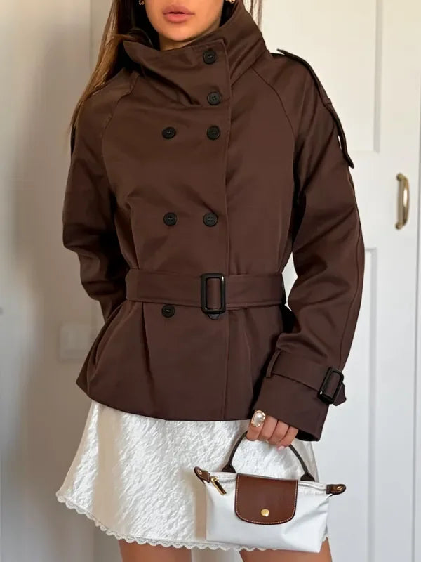 Minimalist Brown Belted Waist Trench Coat Women Vintage Double Breasted Stand Collar Jacket 2026 New Autumn Chic Casual Overcoat