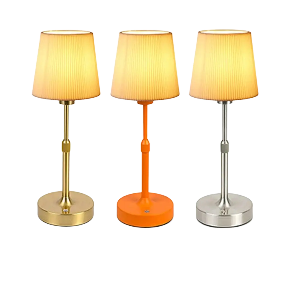 Three adjustable led fabric book light charging touch table lamps in gold orange and silver with beige pleated shades