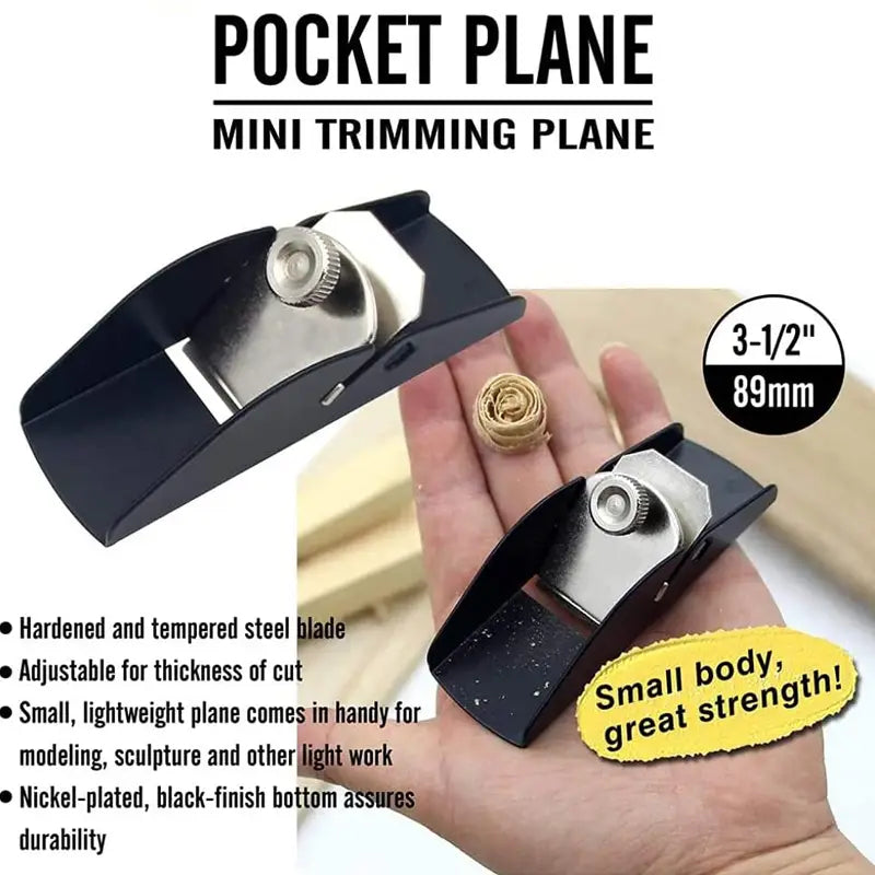 Black nickel-plated mini wood hand planer with hardened steel blade made of aluminum alloy for precise trimming and modeling.