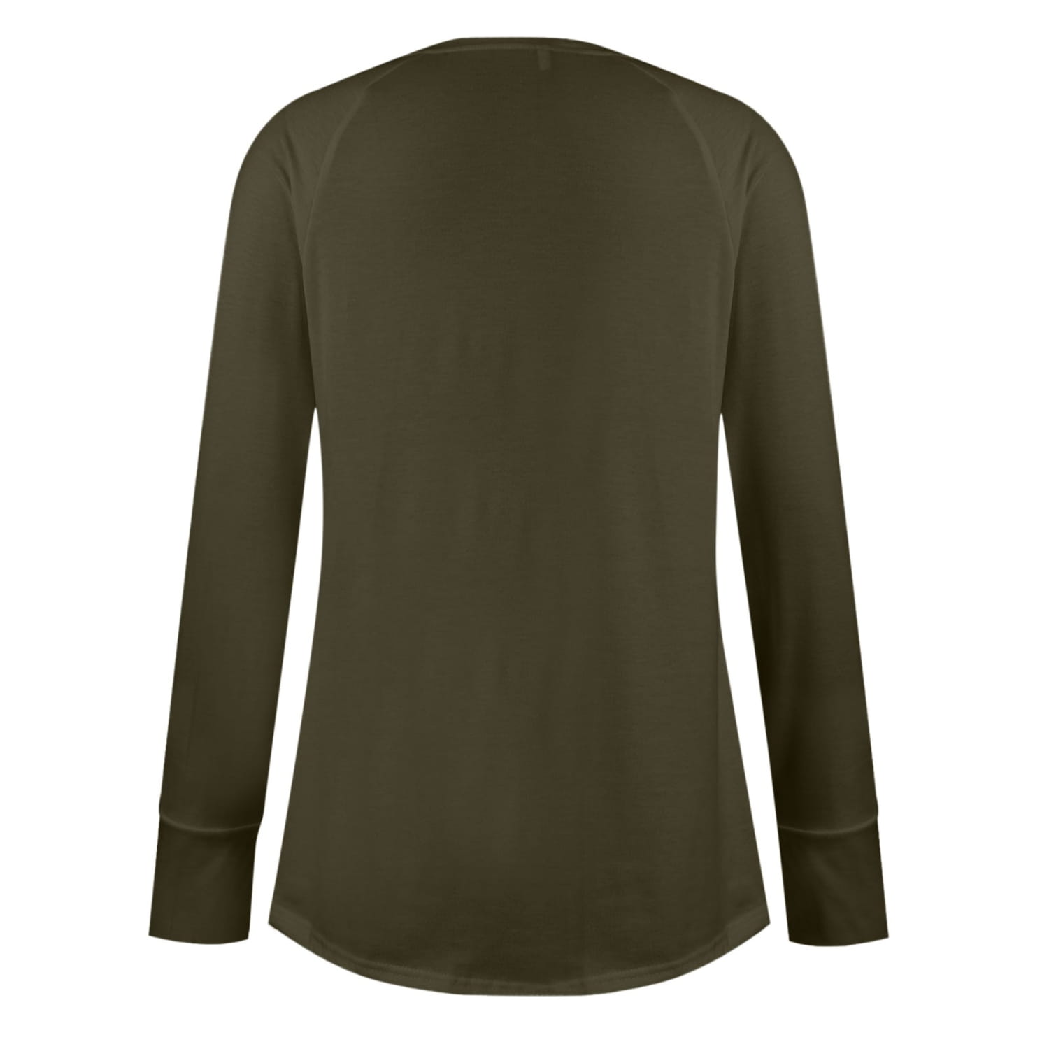 Olive green women long sleeve cotton tunic top with round neck and ribbed cuffs featuring a solid pattern type.