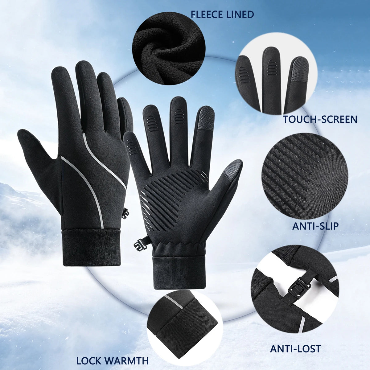 Outdoor Warm Gloves for Men, Windproof Water Resistant Touch Screen Gloves Non‑Slip Palm Fleece Lined for Cycling Running Daily