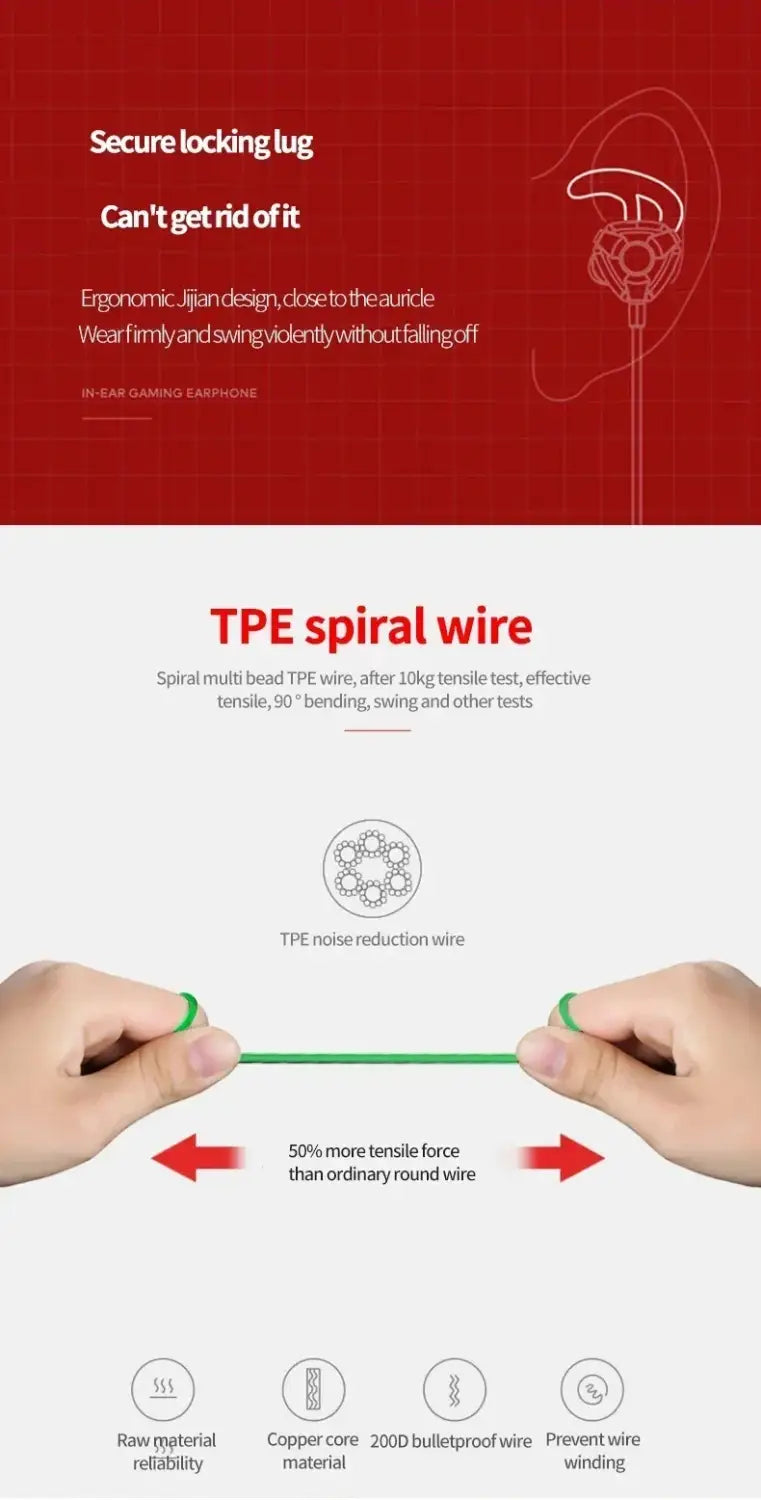 Green tpe spiral wire with copper core designed for durable and flexible audio connectivity in a wired in-ear gaming headset with mic red.