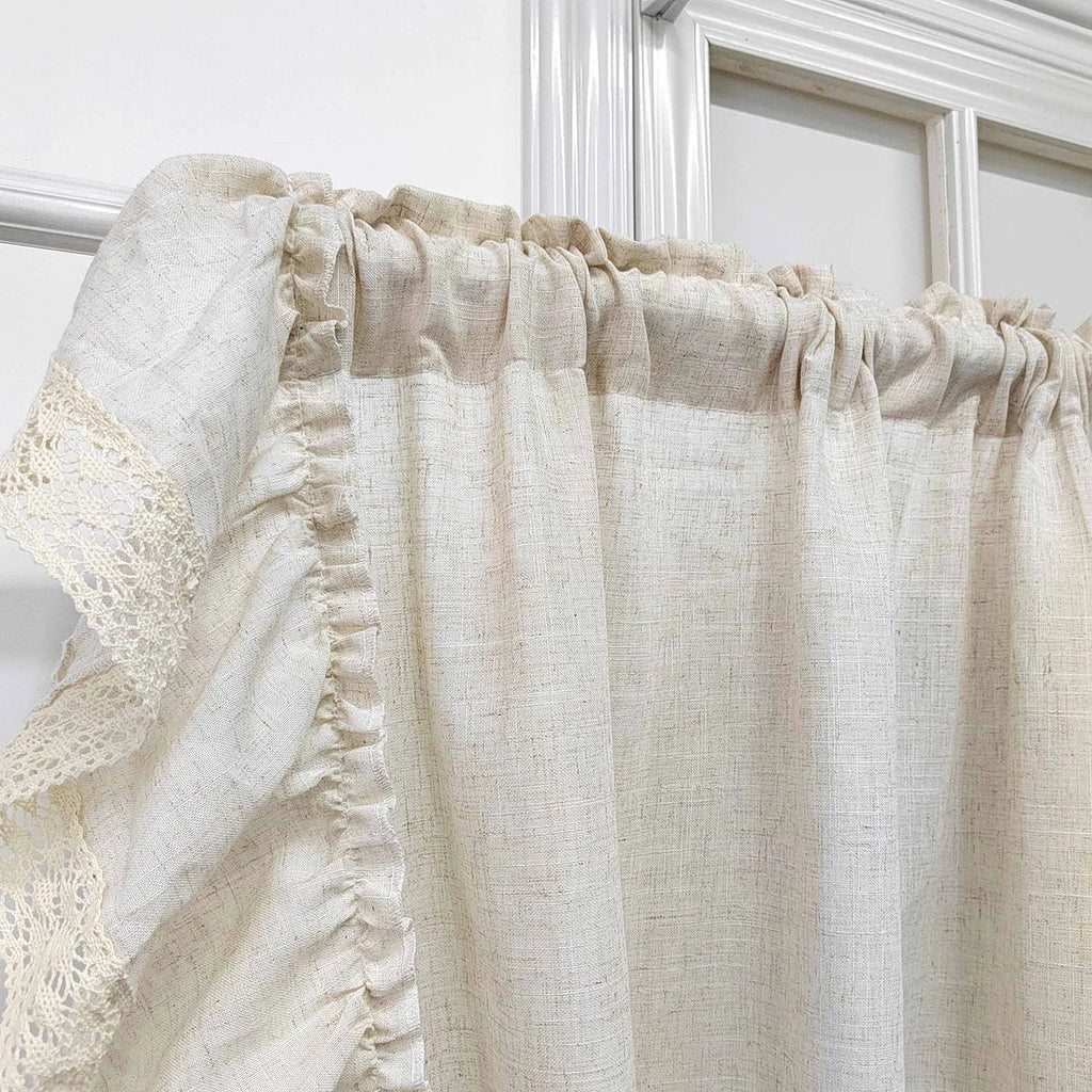 French Ruffle Semi Sheer Curtains, Plain Faux Linen Textured Vintage American Farmhouse Curtain for Living Room, Bedroom, Study