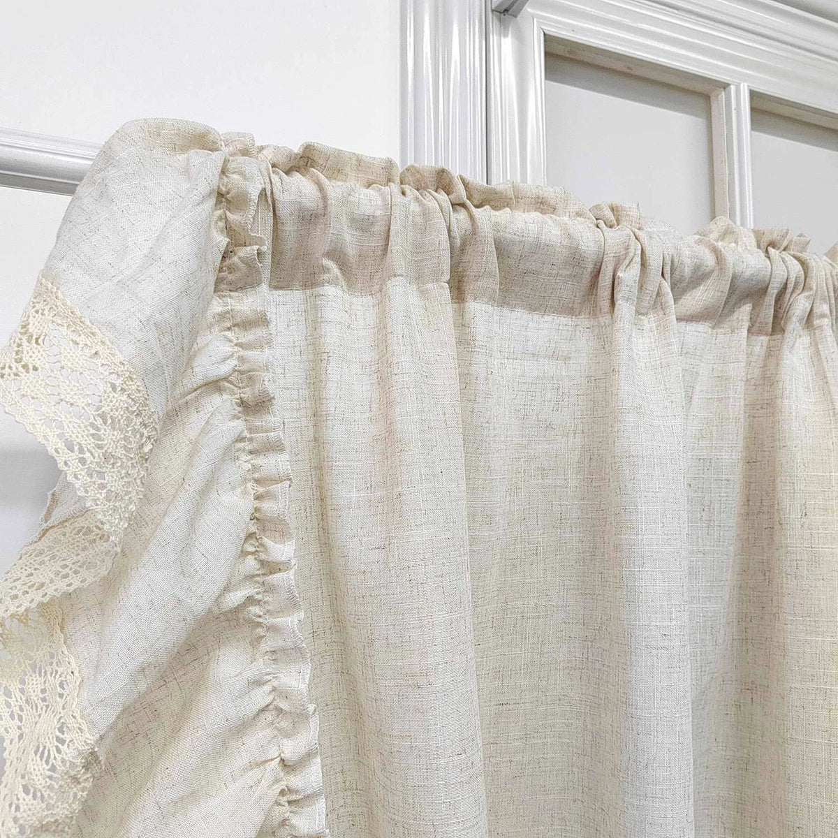 French Ruffle Semi Sheer Curtains, Plain Faux Linen Textured Vintage American Farmhouse Curtain for Living Room, Bedroom, Study