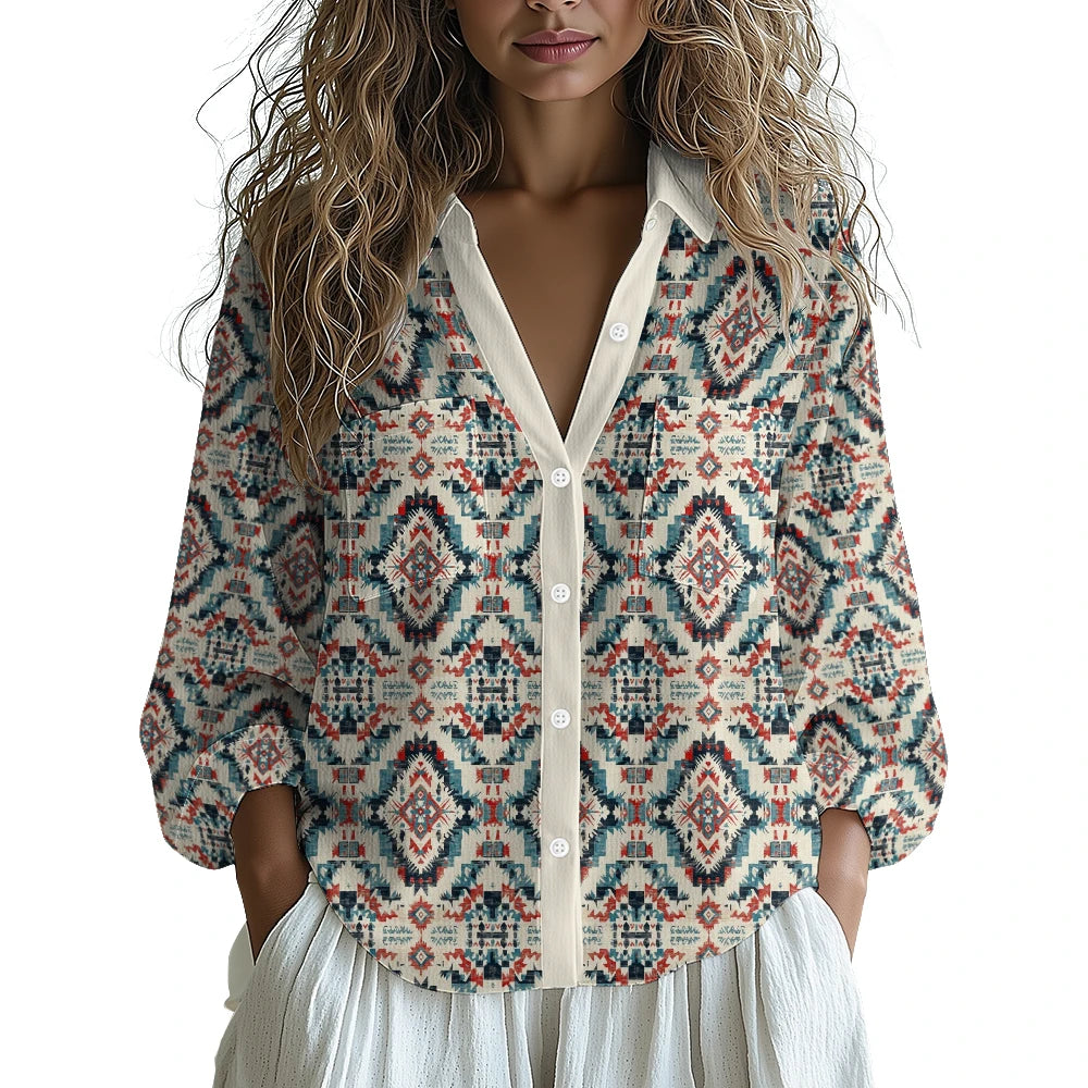 Ethnic-Inspired Long-Sleeve Women Shirt with Aztec Geometric Pattern Printed Front 2 Pockets Button-Up Retro Tribal Casual Style