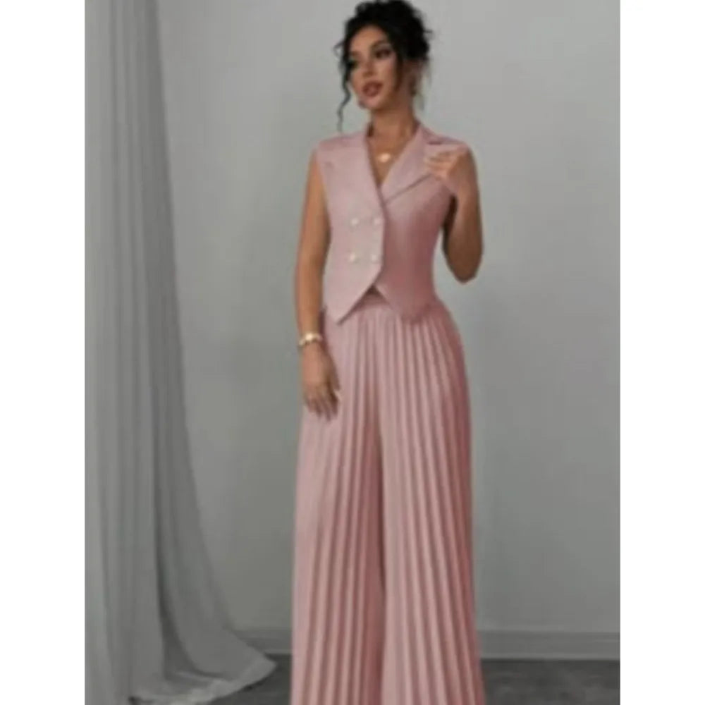 Elegant Formal Women Vest Trousers 2 Pieces Spring New Fashion Retro Wide-leg Pleated Pants Slimming Sleeveless Vest Female Set