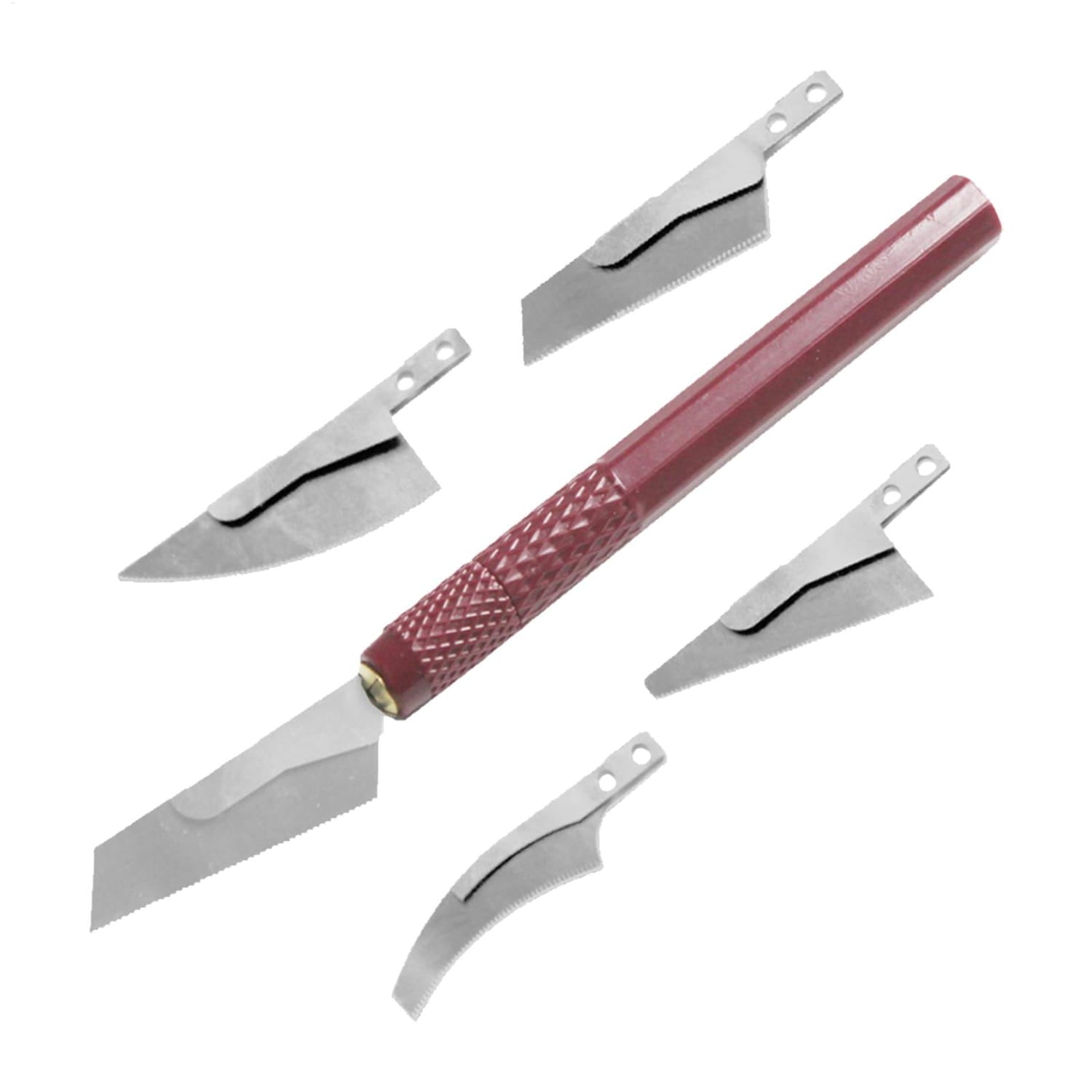 Red-handled model craft hand saw kit with textured grip and four interchangeable metal blades for precise cutting.